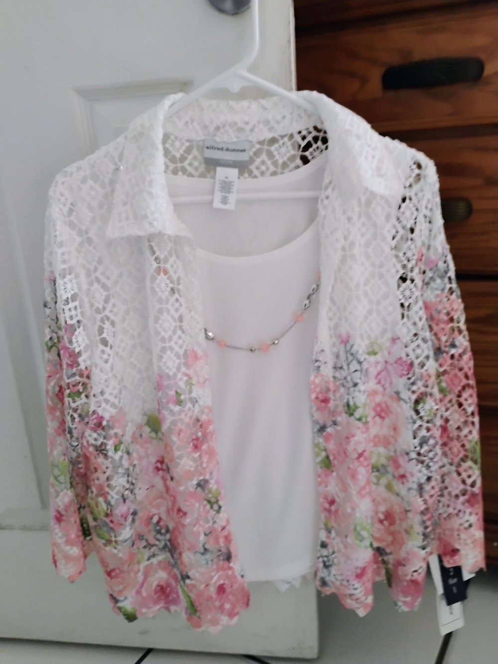 Alfred Dunner White Lace Floral Open-Front Cardigan with Pink Roses